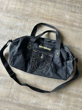 ▶️ True Religion Duffel Bag Black Canvas Travel Gym Weekender Shoulder Strap